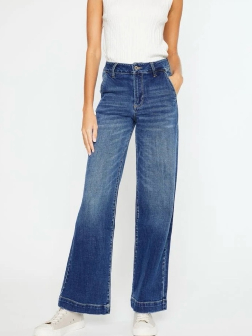KanCan High Rise Wide Leg Trouser Jeans Blue Medium Wash Raw hem Size 5/26
